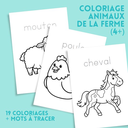Coloriages animaux de la ferme éducatif – 19 coloriages + mots à tracer (4 ans et +)