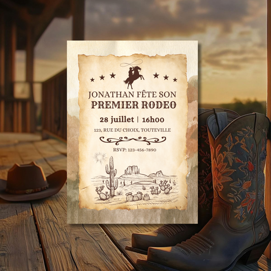 Invitation Cowboy Personnalisée – Fête Enfant – Carte imprimée 5x7