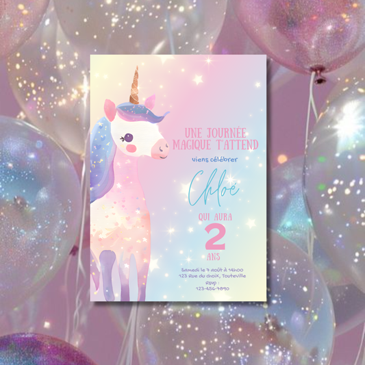 Invitation personnalisée – Fête enfant Licorne – Carte imprimée 5x7