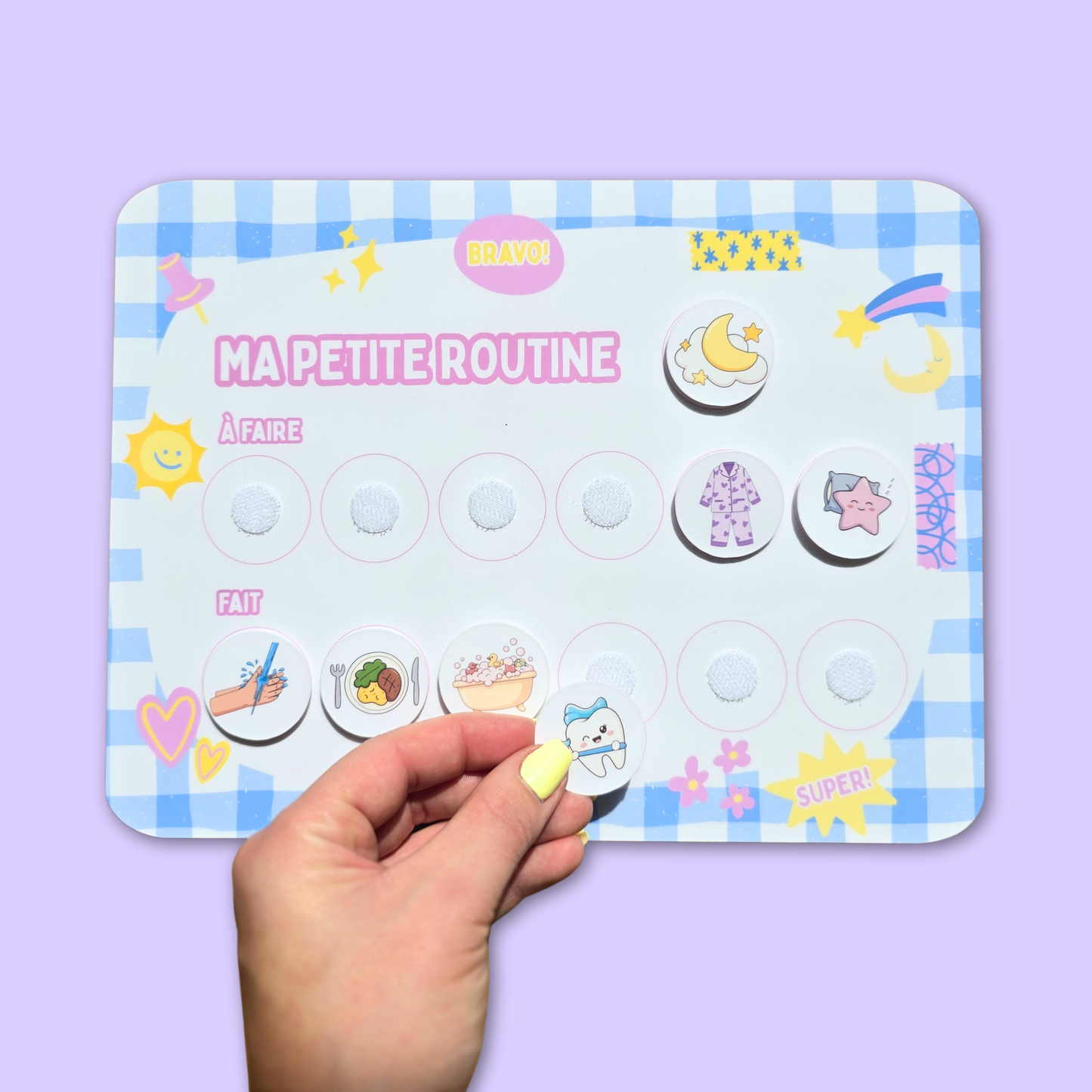 Petite Routine Carottée – Tableau interactif matin et soir avec icônes en velcro (2–7 ans)