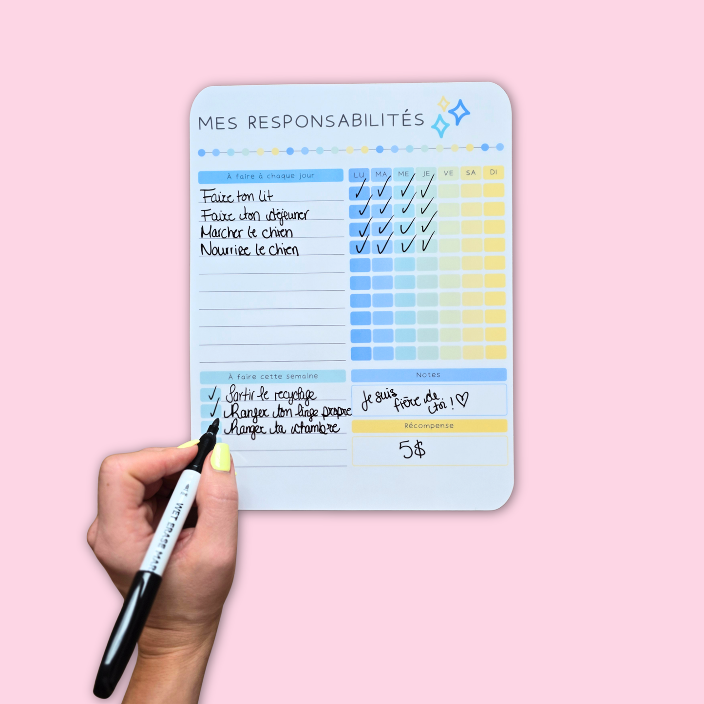 Affiche Responsabilités Bleutée – Tableau effaçable pour encourager l’autonomie des enfants
