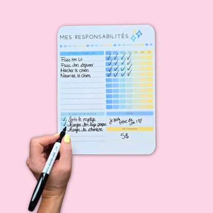Affiche Responsabilités Bleutée – Tableau effaçable pour encourager l’autonomie des enfants
