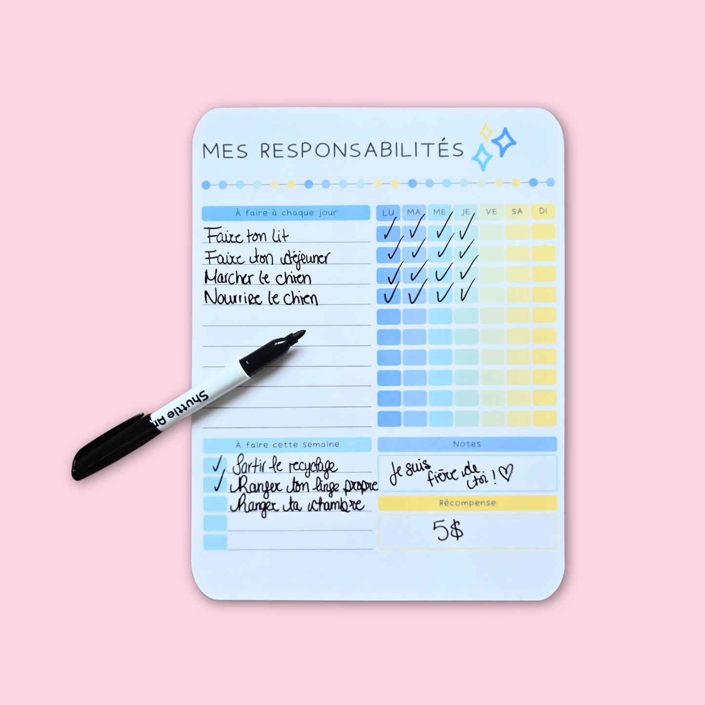 Affiche Responsabilités Bleutée – Tableau effaçable pour encourager l’autonomie des enfants