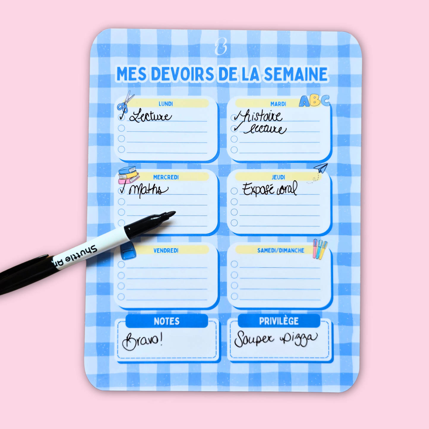 Devoirs Carottée Bleu - Affiche effaçable pour organiser les devoirs semaine par semaine
