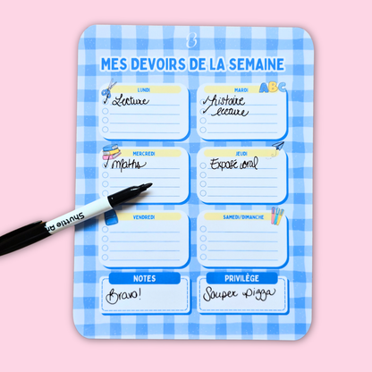 Devoirs Carottée Bleu - Affiche effaçable pour organiser les devoirs semaine par semaine