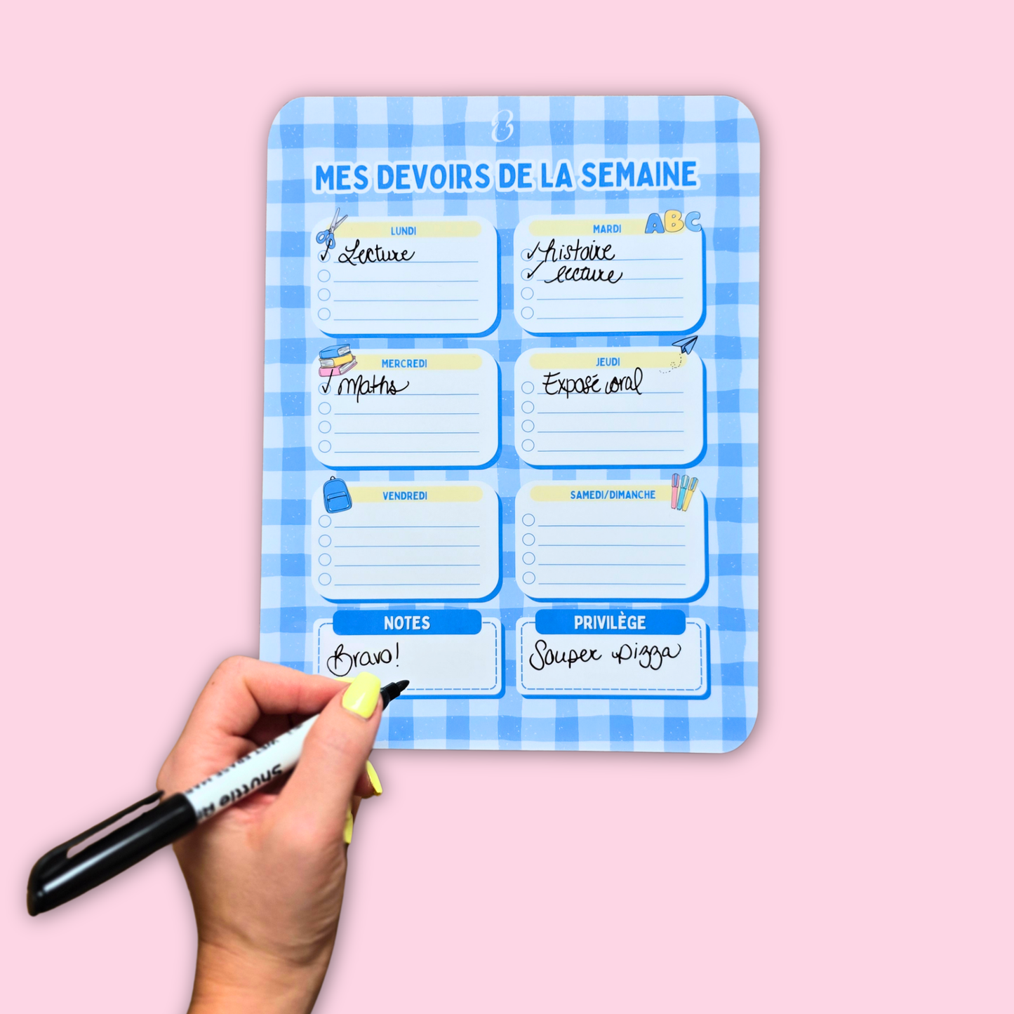 Devoirs Carottée Bleu - Affiche effaçable pour organiser les devoirs semaine par semaine
