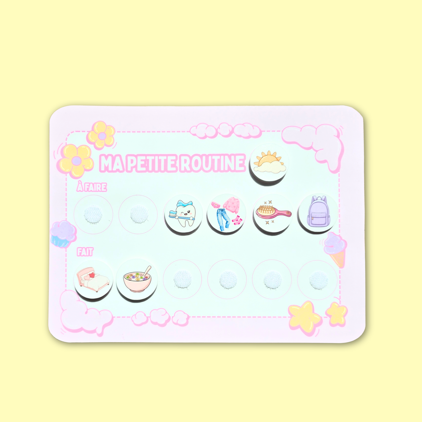 Petite Routine Sucrée – Tableau interactif matin et soir avec icônes en velcro (2–7 ans)