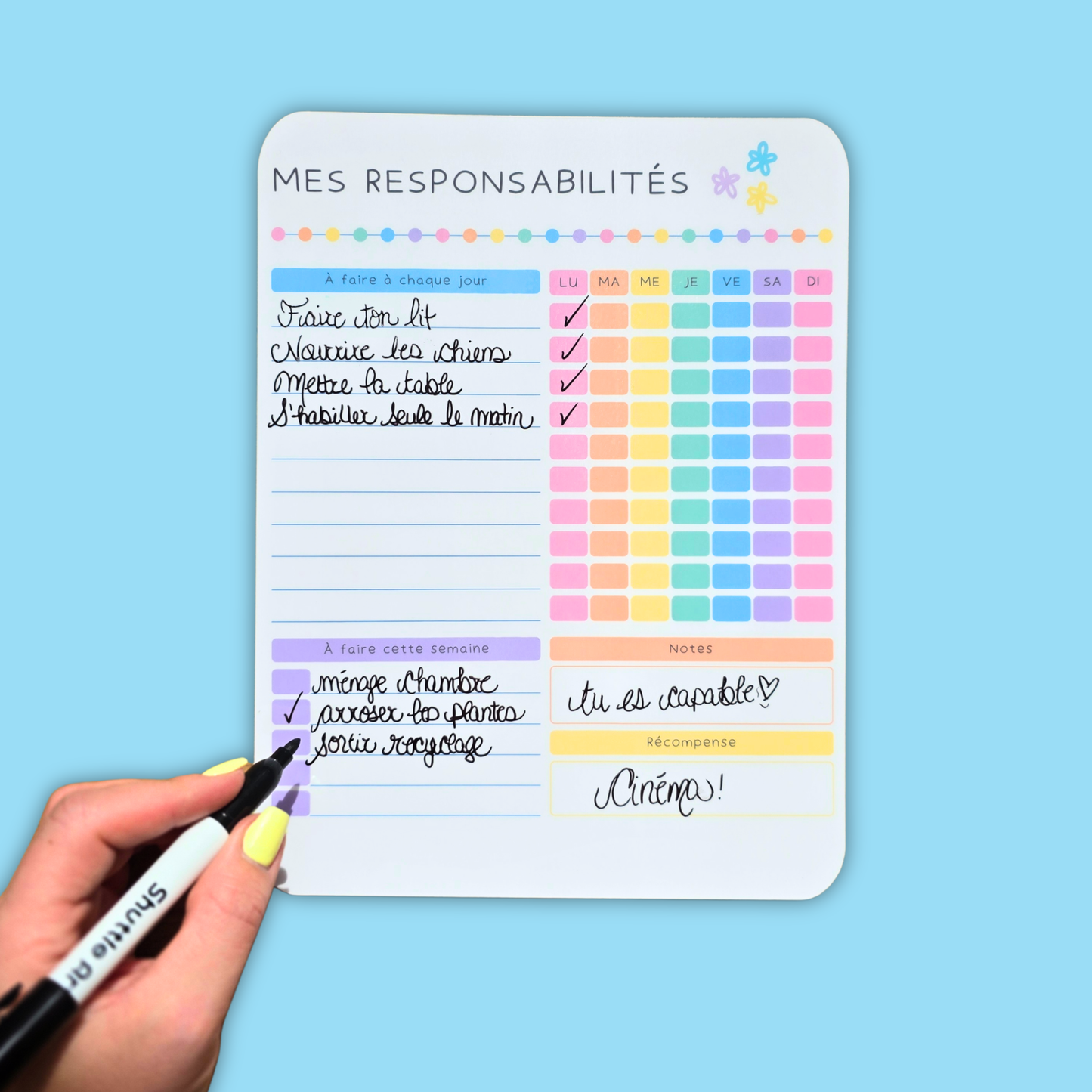 Affiche Responsabilités Fleurie - Tableau effaçable pour encourager l’autonomie des enfants