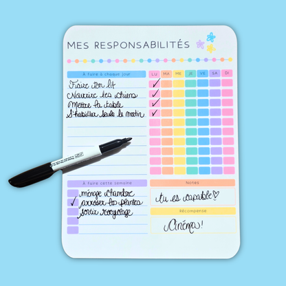 Affiche Responsabilités Fleurie - Tableau effaçable pour encourager l’autonomie des enfants