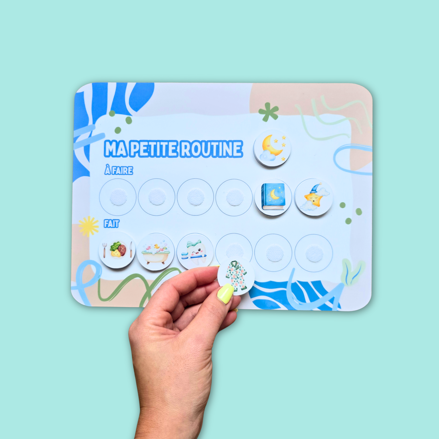 Petite Routine Marée – Tableau interactif matin et soir avec icônes en velcro (2–7 ans)