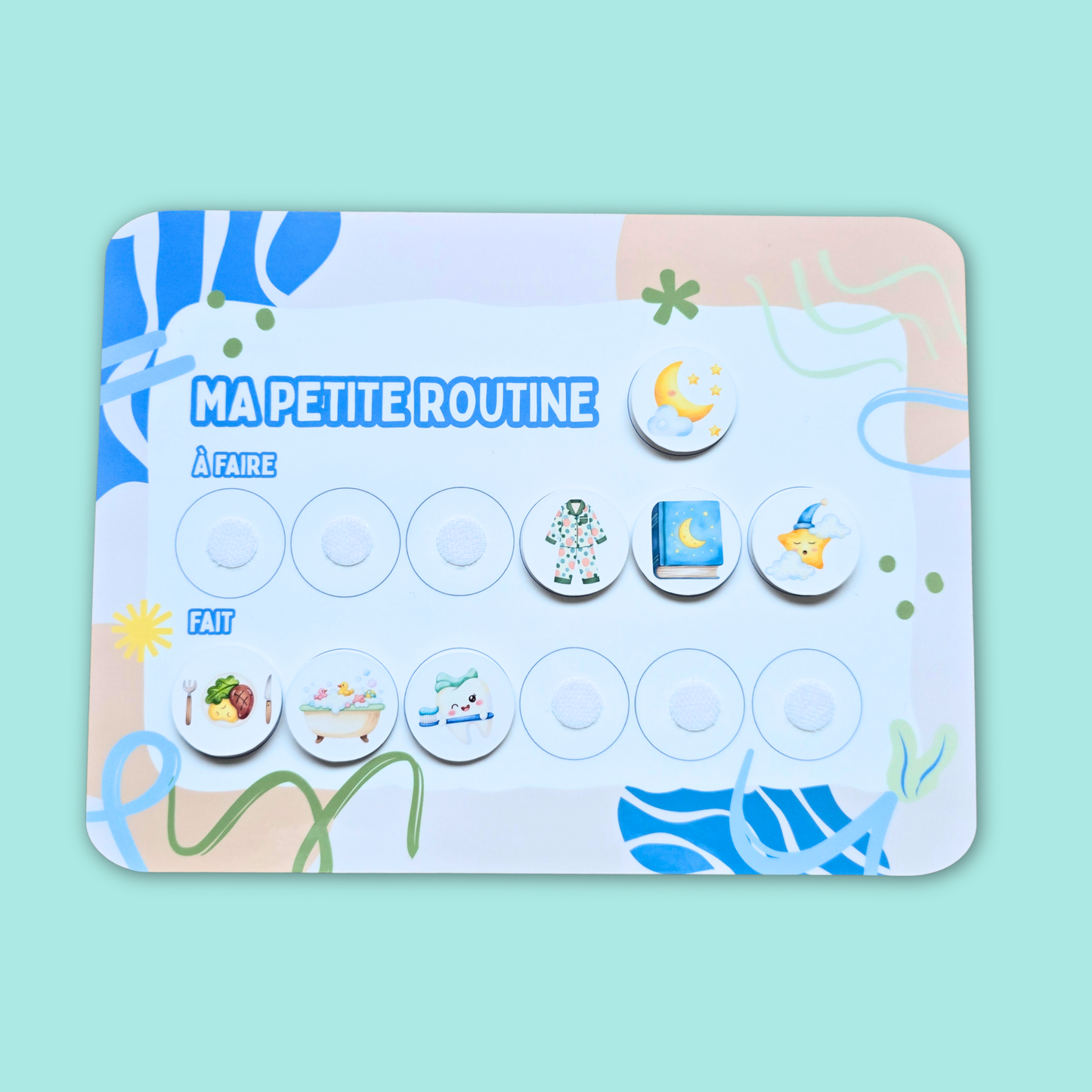 Petite Routine Marée – Tableau interactif matin et soir avec icônes en velcro (2–7 ans)