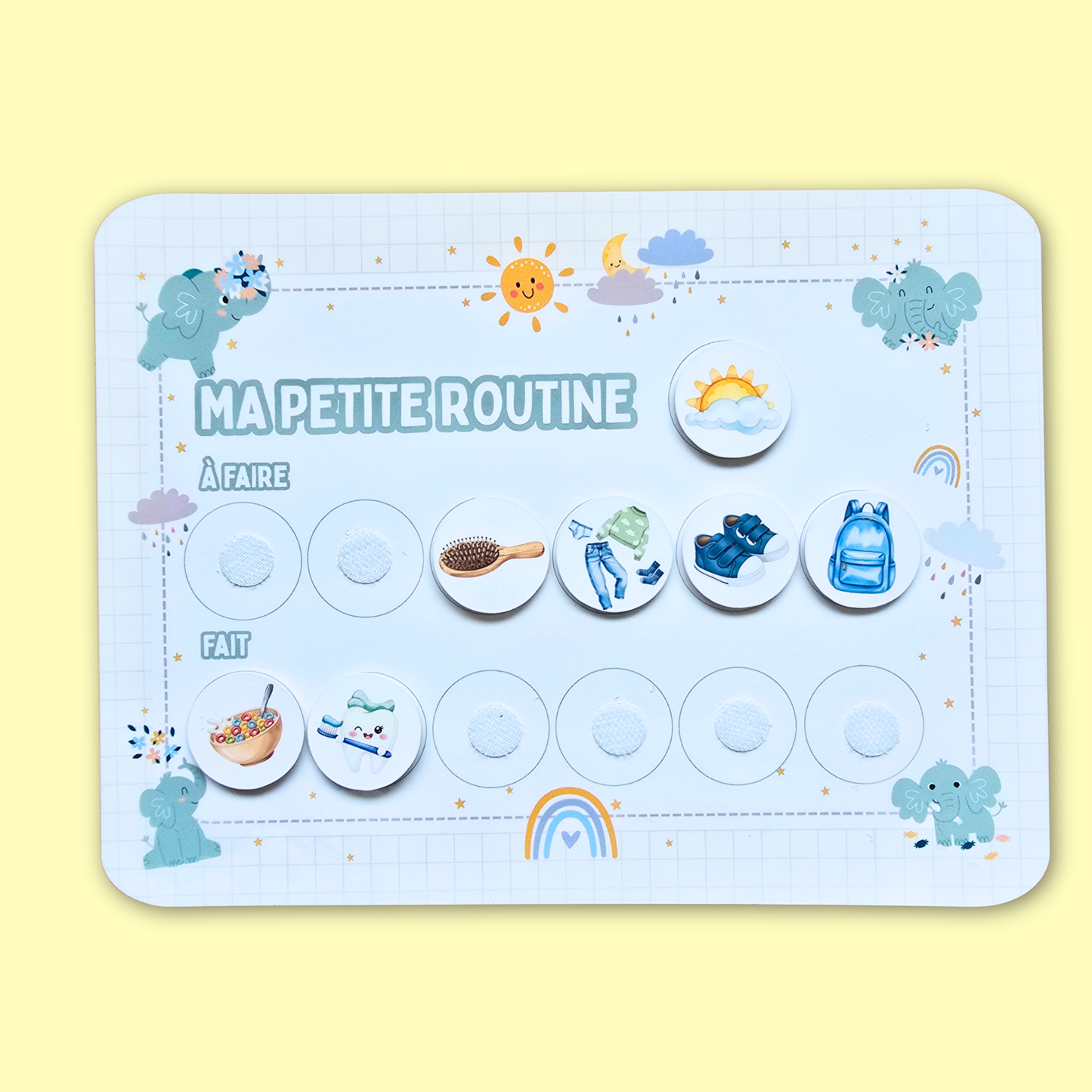 Petite Routine Éléphanteau – Tableau interactif matin et soir avec icônes en velcro (2–7 ans)
