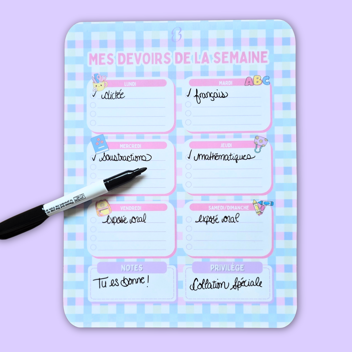 Devoirs Carottée Rose – Affiche effaçable pour organiser les devoirs semaine par semaine