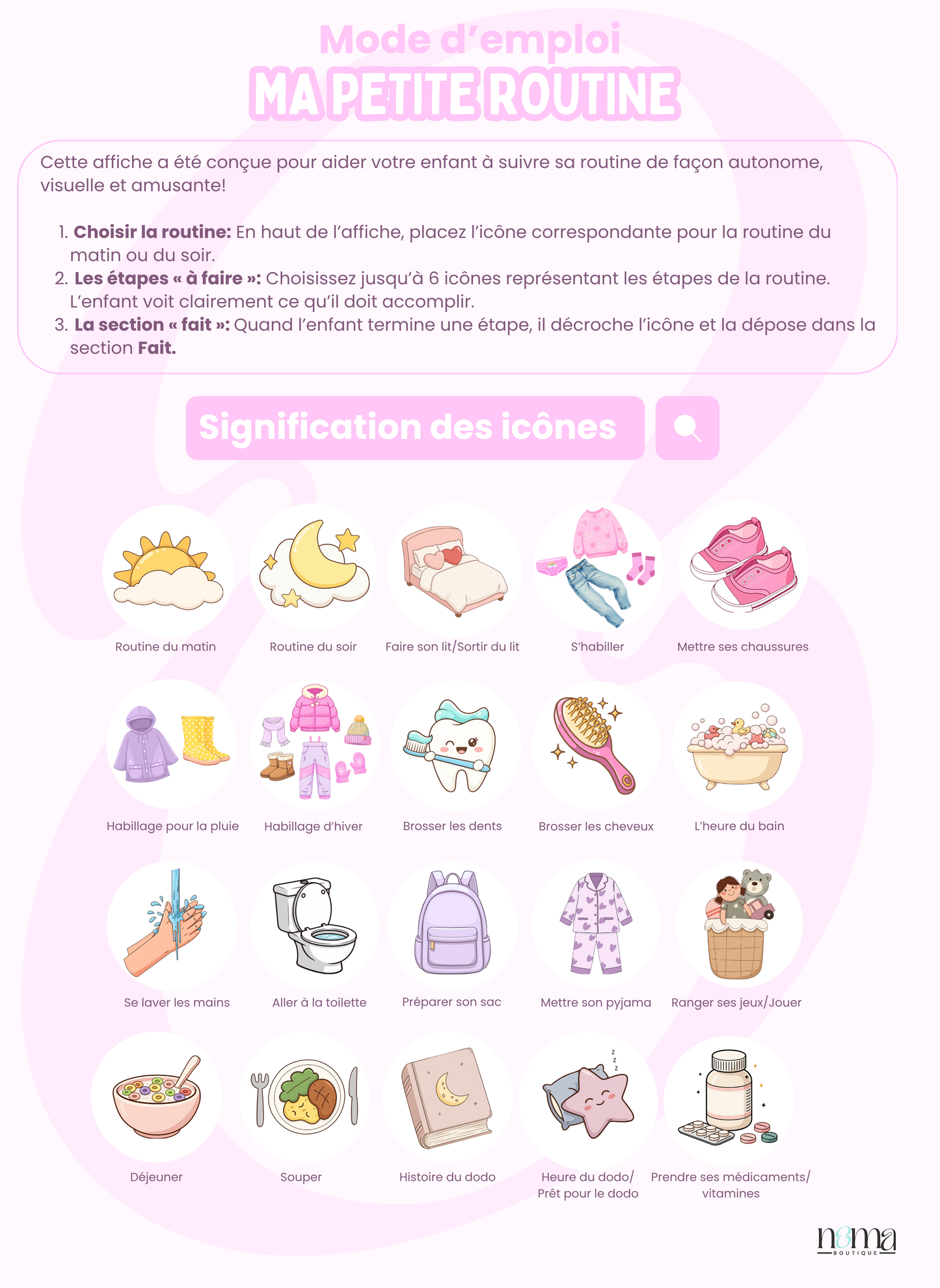 Petite Routine Sucrée – Tableau interactif matin et soir avec icônes en velcro (2–7 ans)