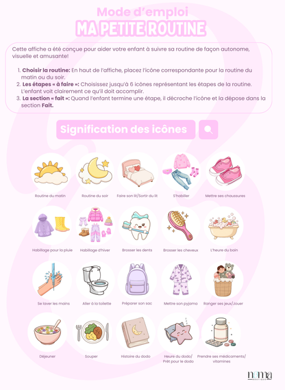 Petite Routine Sucrée – Tableau interactif matin et soir avec icônes en velcro (2–7 ans)