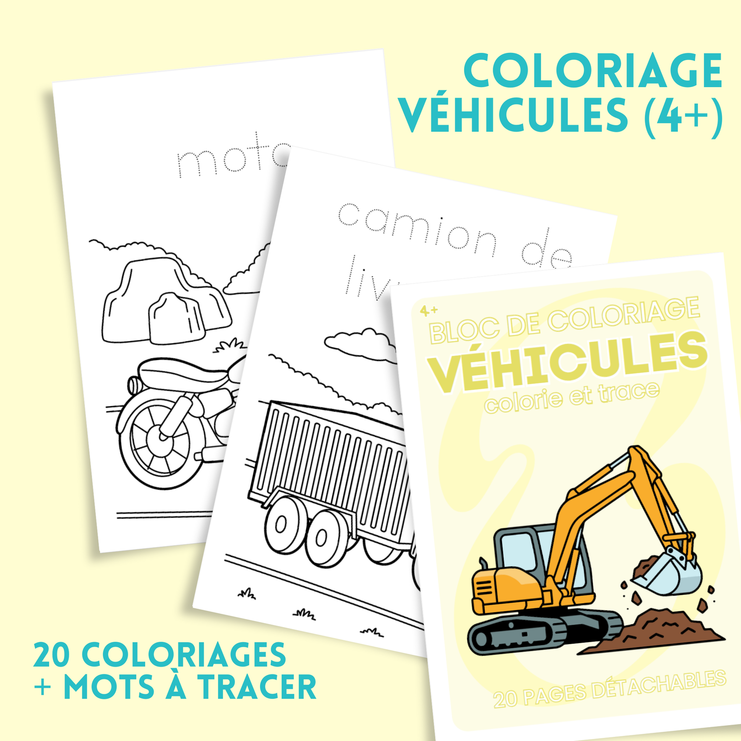 Coloriages véhicules éducatif – 20 coloriages + mots à tracer (4 ans et +)