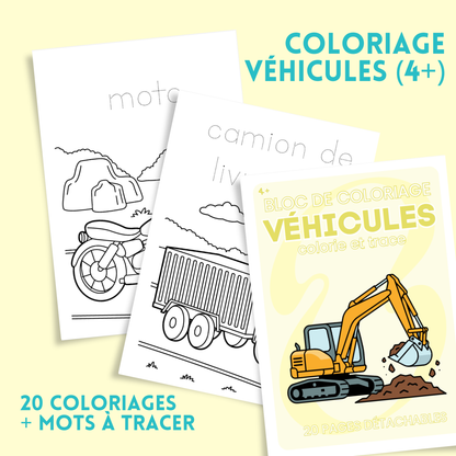 Coloriages véhicules éducatif – 20 coloriages + mots à tracer (4 ans et +)