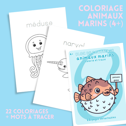 Coloriages éducatif  animaux marins – 22 coloriages + mots à tracer (4 ans et +)