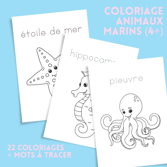 Coloriages éducatif  animaux marins – 22 coloriages + mots à tracer (4 ans et +)