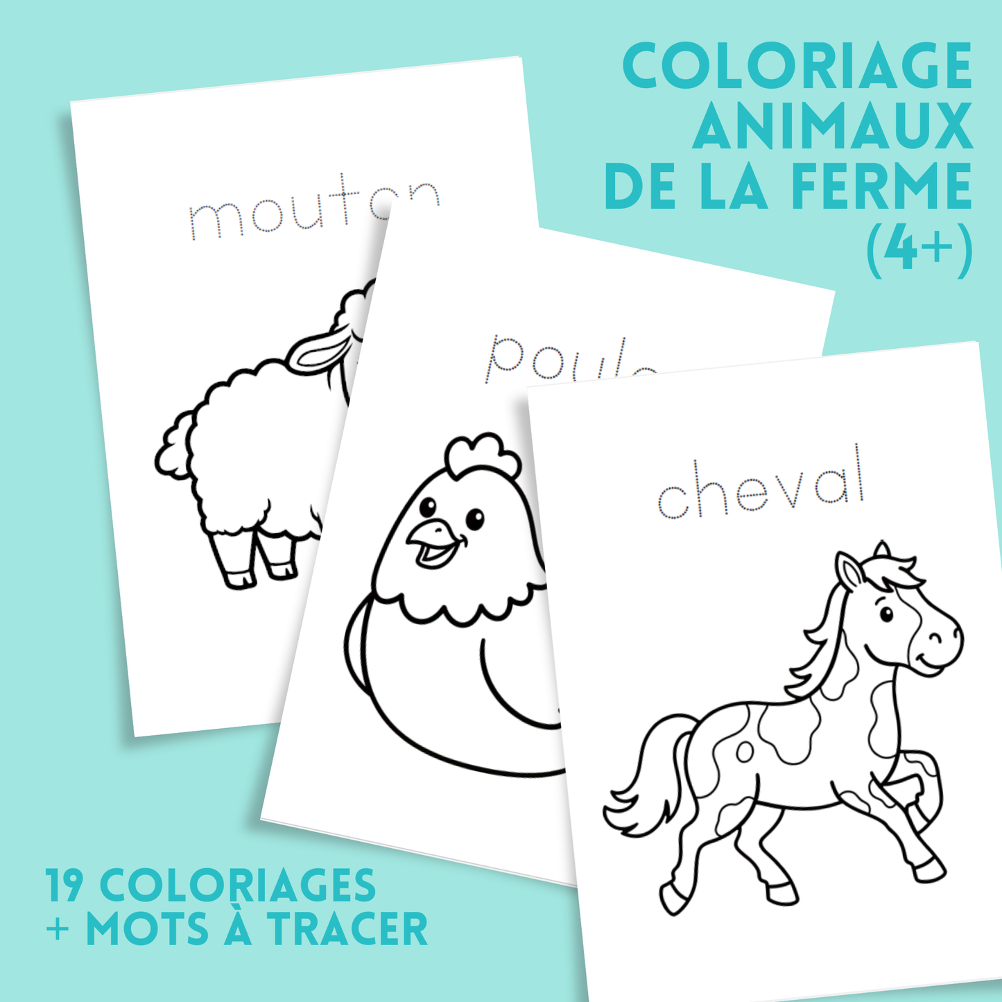 Coloriages animaux de la ferme éducatif – 19 coloriages + mots à tracer (4 ans et +)