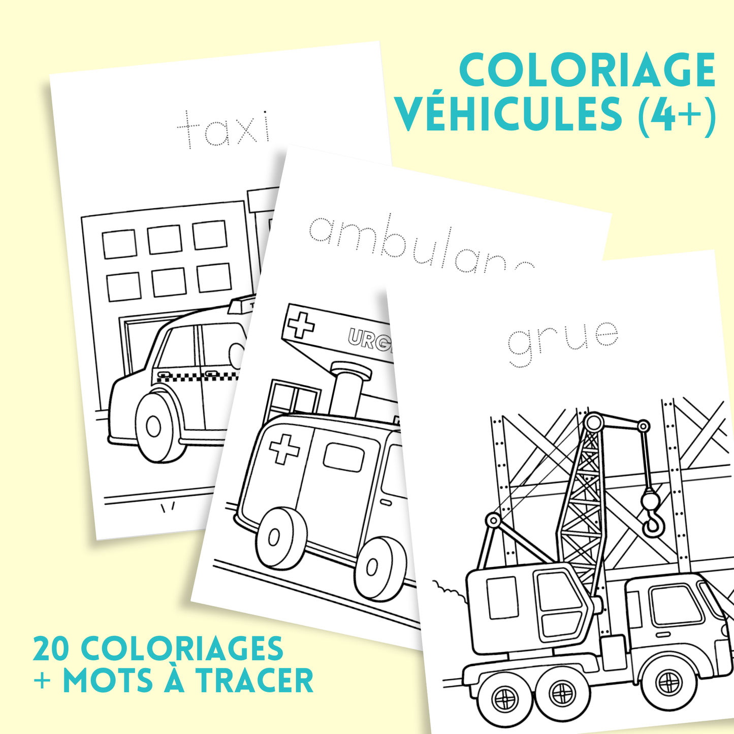 Coloriages véhicules éducatif – 20 coloriages + mots à tracer (4 ans et +)