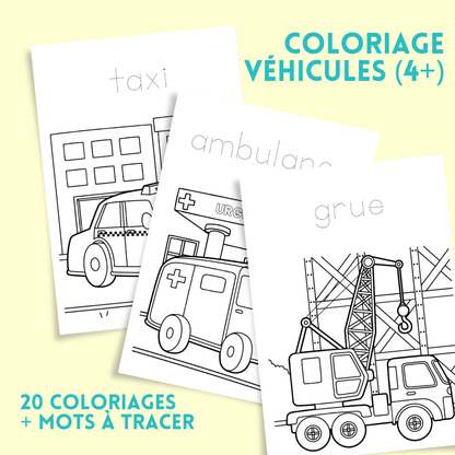 Coloriages véhicules éducatif – 20 coloriages + mots à tracer (4 ans et +)