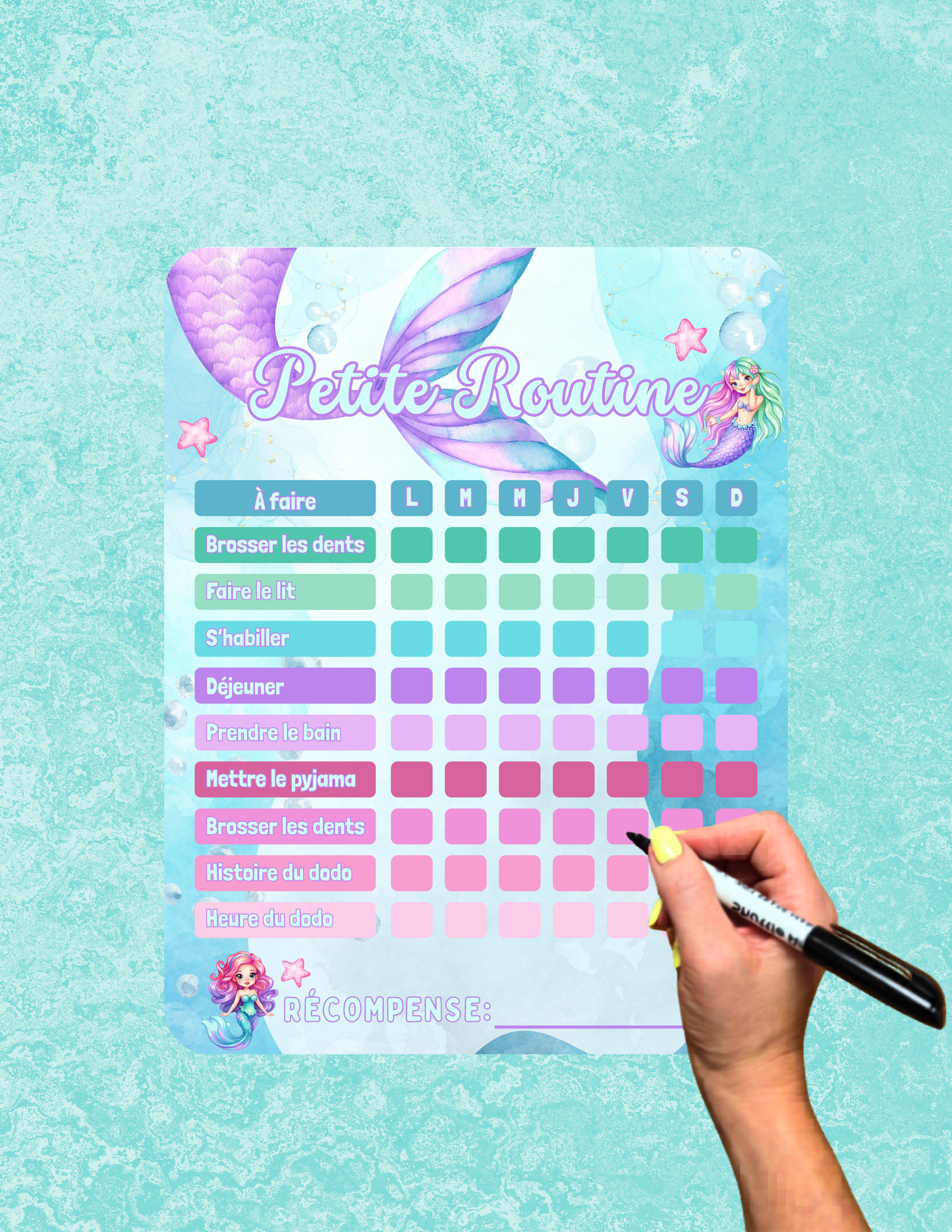Routine Petite Sirène –  Affiche effaçable (3–10 ans)