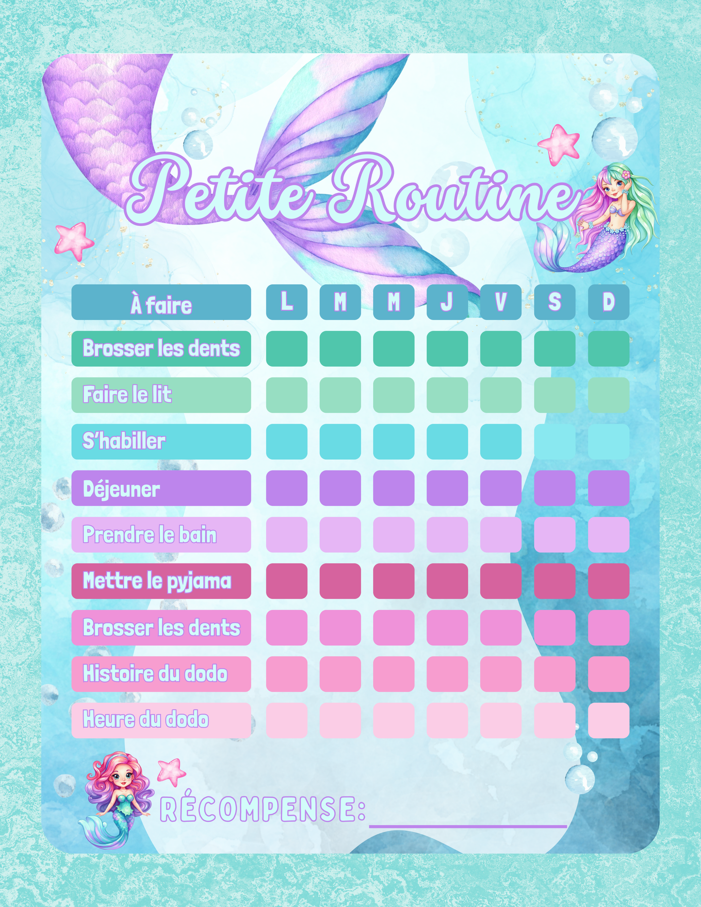 Routine Petite Sirène –  Affiche effaçable (3–10 ans)
