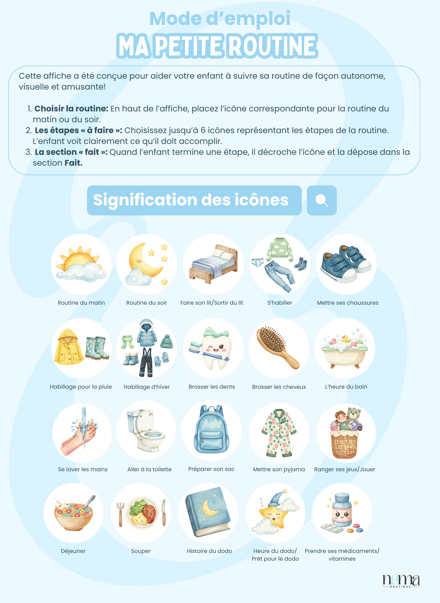 Petite Routine Marée – Tableau interactif matin et soir avec icônes en velcro (2–7 ans)