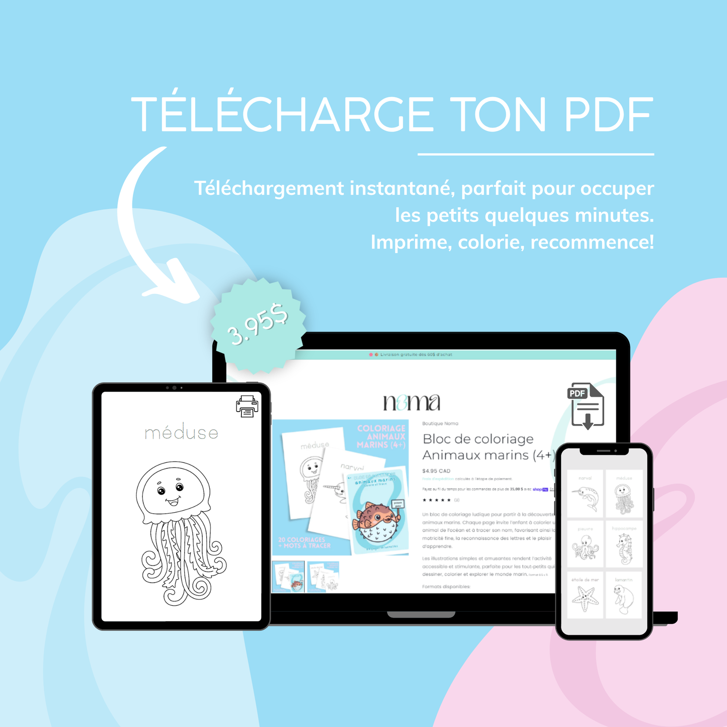 Coloriages éducatif  animaux marins – 22 coloriages + mots à tracer (4 ans et +)