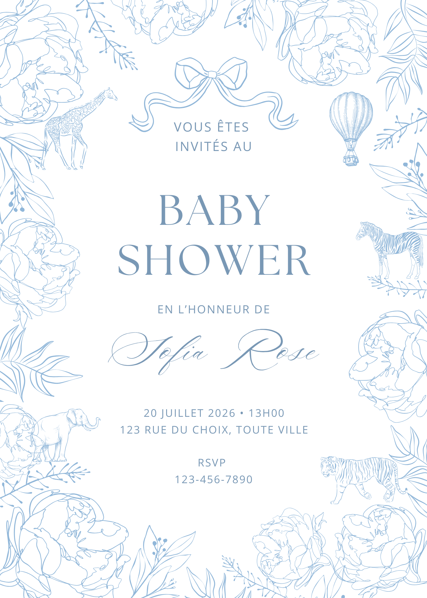 Invitation Personnalisée - Baby Shower - Fleurs bleues