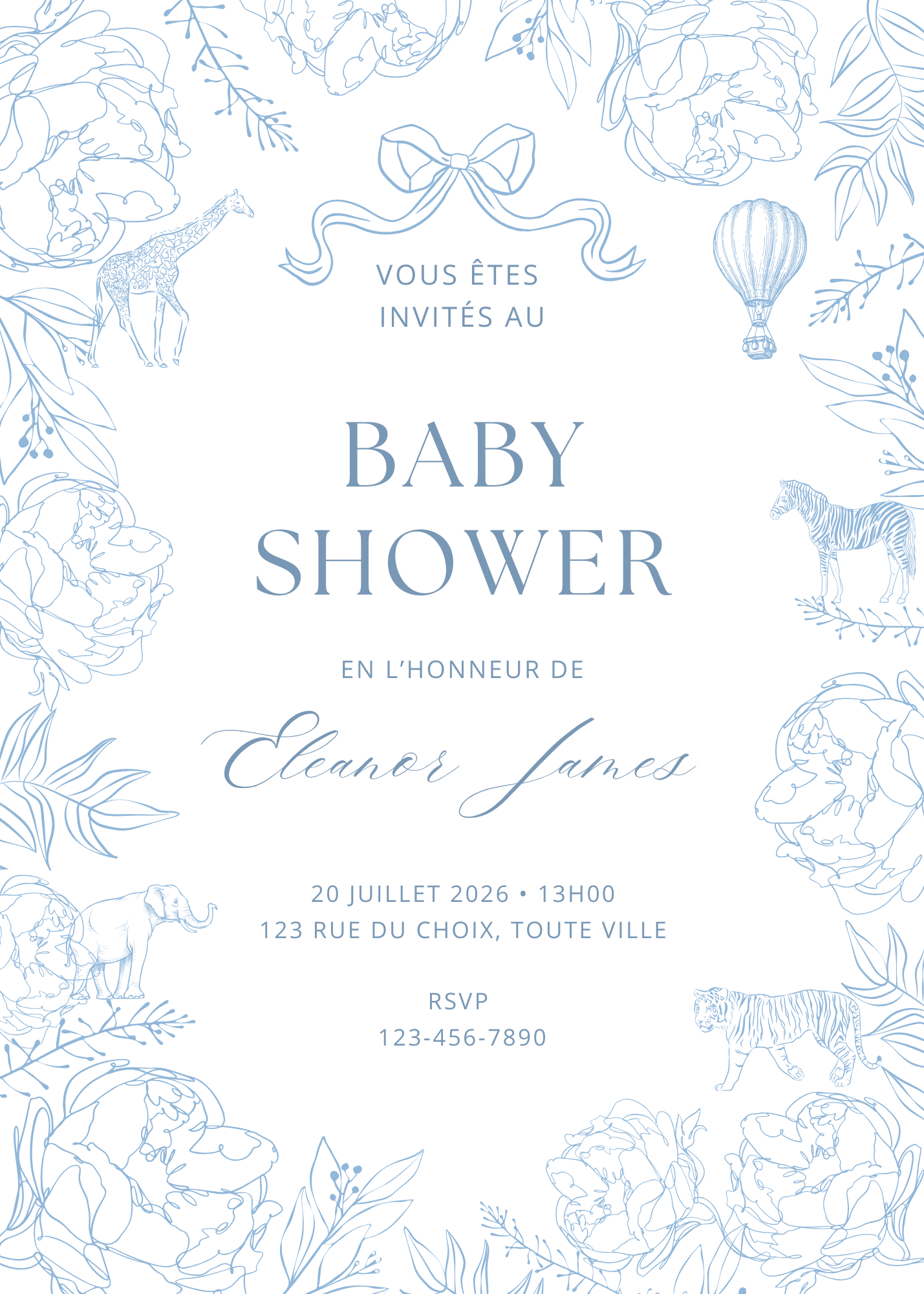 Invitation Personnalisée - Baby Shower - Fleurs bleues