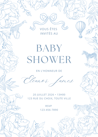 Invitation Personnalisée - Baby Shower - Fleurs bleues