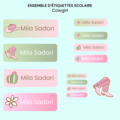Étiquettes Scolaires Personnalisées - Résistantes à l'eau - Cowgirl
