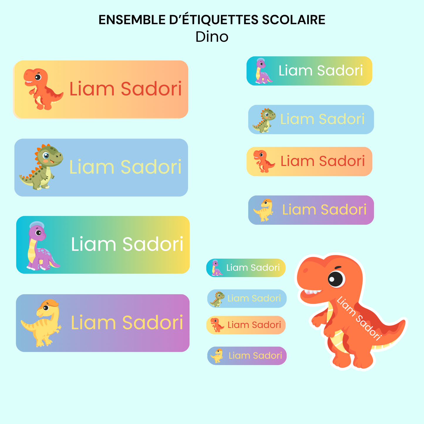 Étiquettes Scolaires Personnalisées - Résistantes à l'eau - Dinosaur