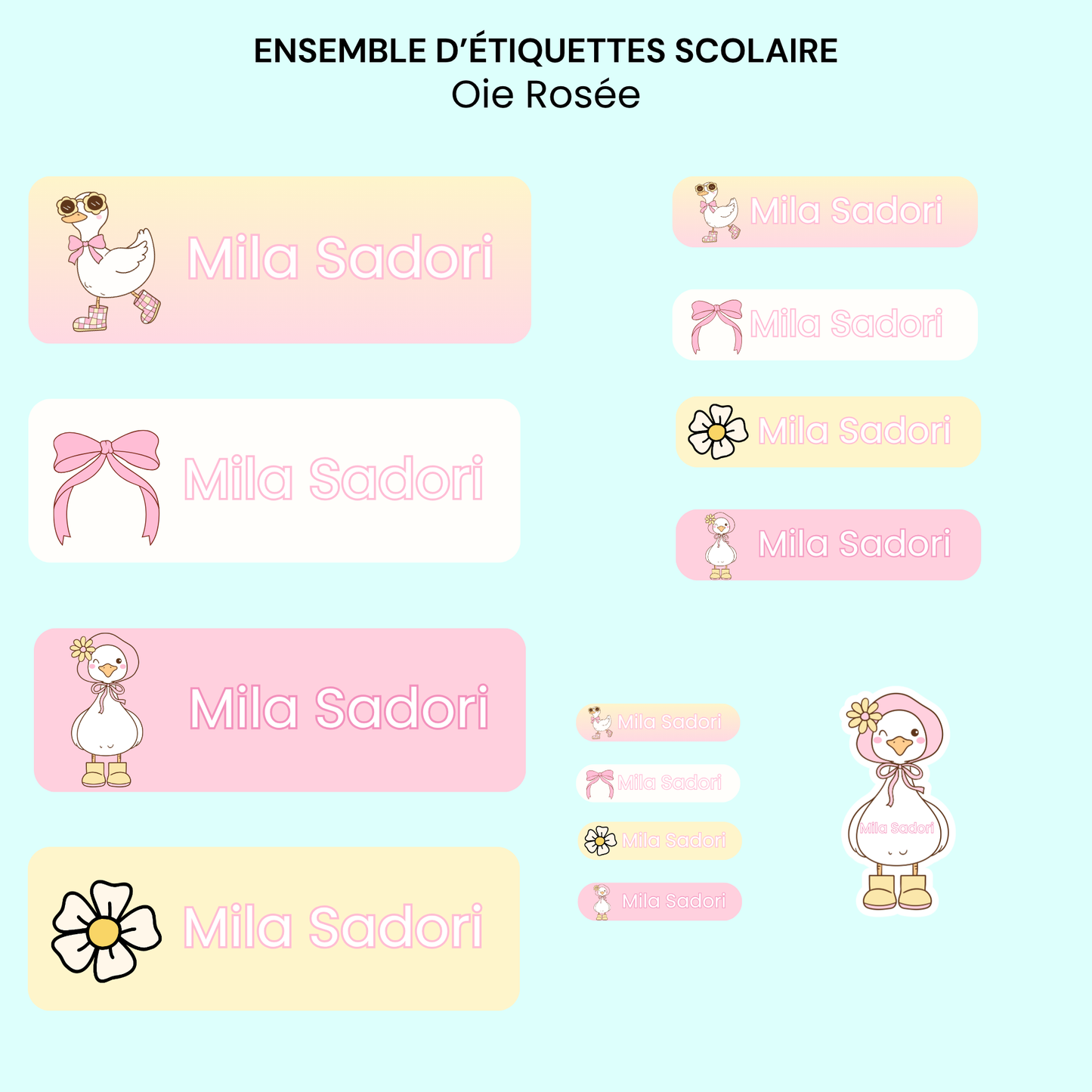 Étiquettes Scolaires Personnalisées - Résistantes à l'eau - Oie Rose