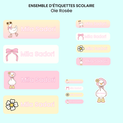 Étiquettes Scolaires Personnalisées - Résistantes à l'eau - Oie Rose