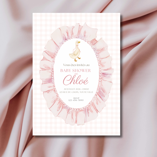 Invitation personnalisée – Baby Shower Oie rose – Carte imprimée 5x7