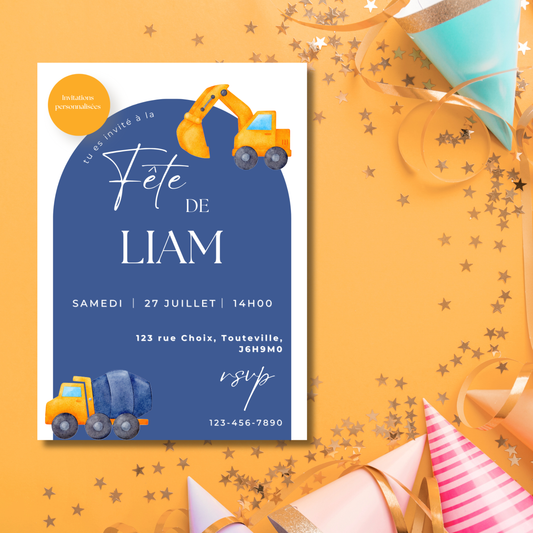Personalized Invitation – Construction Kids' Party – 5x7 Printed Card