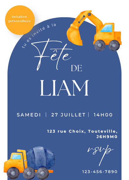 Personalized Invitation – Construction Kids' Party – 5x7 Printed Card