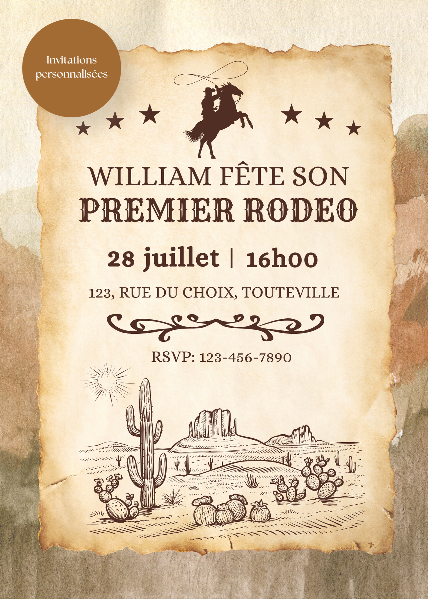 Invitation Cowboy Personnalisée – Fête Enfant – Carte imprimée 5x7