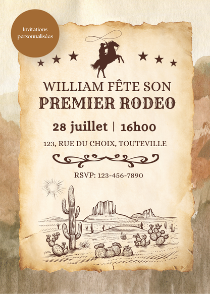 Invitation Cowboy Personnalisée – Fête Enfant – Carte imprimée 5x7