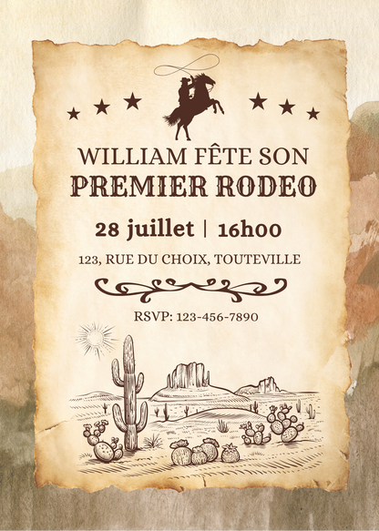 Invitation Cowboy Personnalisée – Fête Enfant – Carte imprimée 5x7