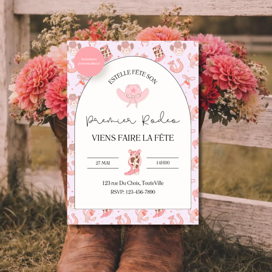 Invitation personnalisée – Fête enfant Cowgirl – Carte imprimée 5x7