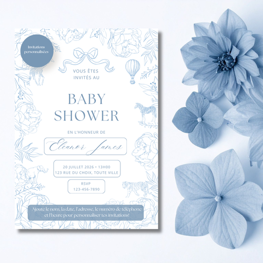 Personalized Invitation - Baby Shower - Blue Flowers