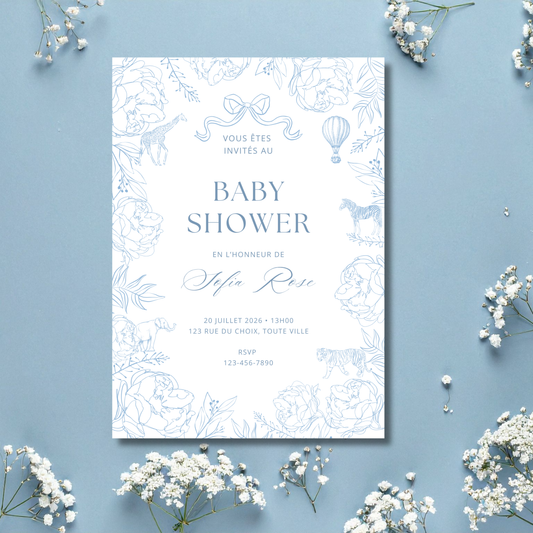 Invitation Personnalisée - Baby Shower - Fleurs bleues