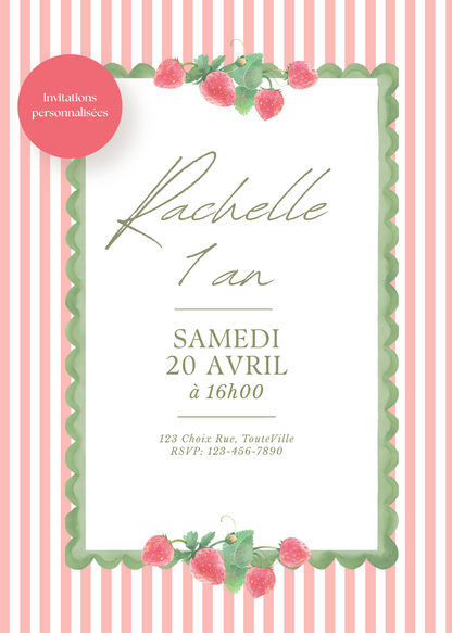 Personalized Invitation - Strawberry Kids Birthday - 5x7 Printed Card