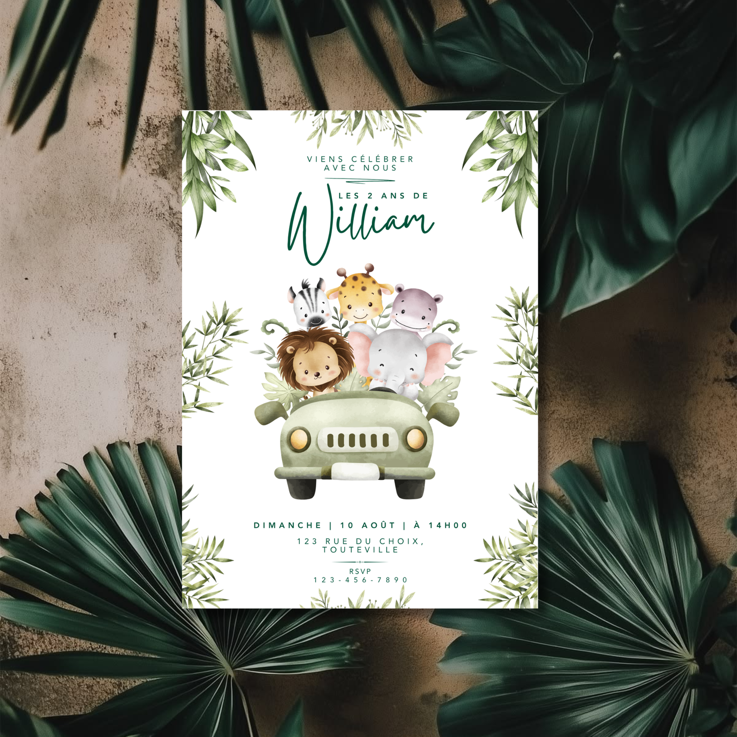 Personalized Invitation – Jungle Kid's Birthday Party – Printed Card 5x7
