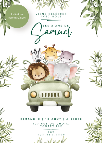 Personalized Invitation – Jungle Kid's Birthday Party – Printed Card 5x7