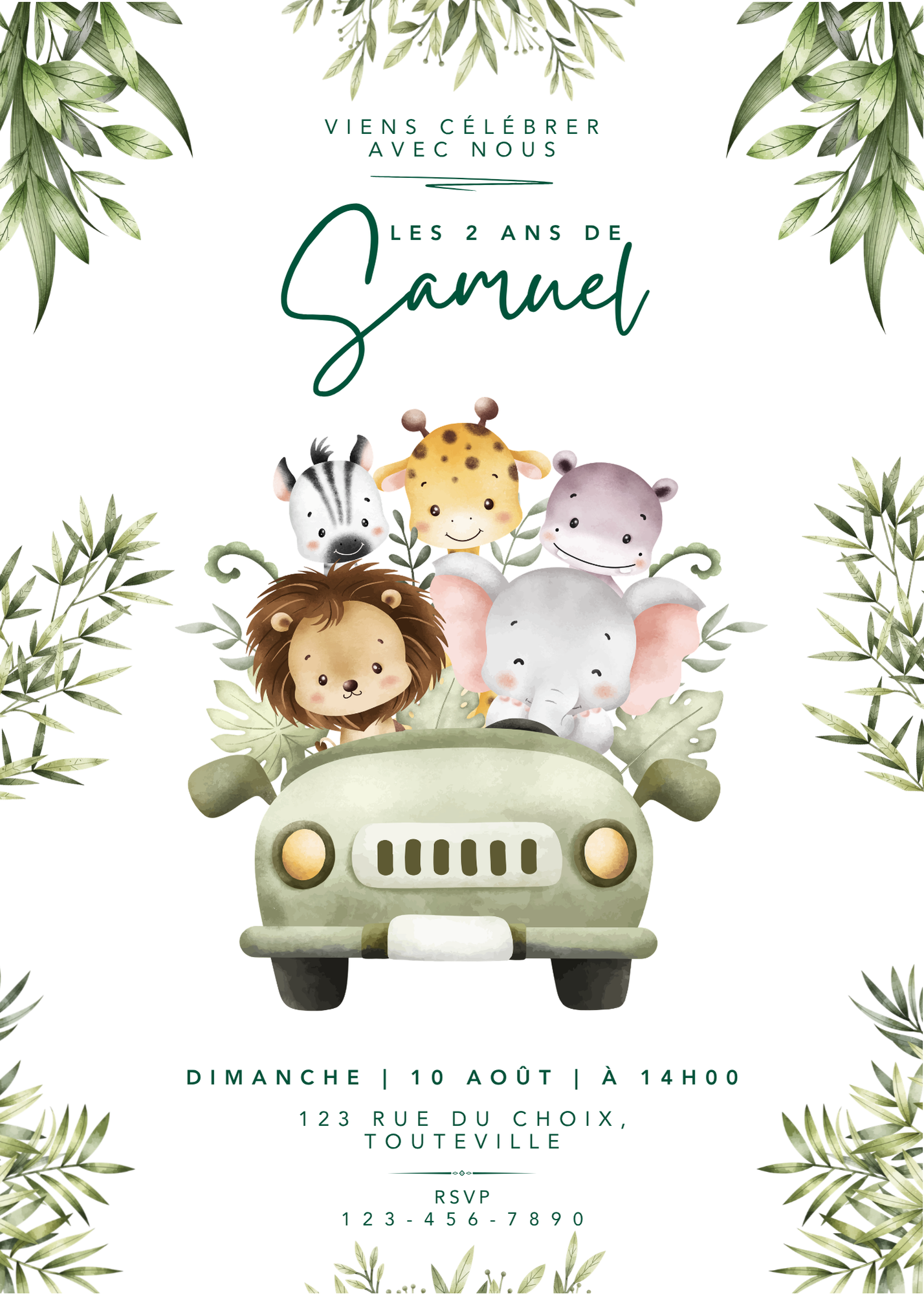 Personalized Invitation – Jungle Kid's Birthday Party – Printed Card 5x7
